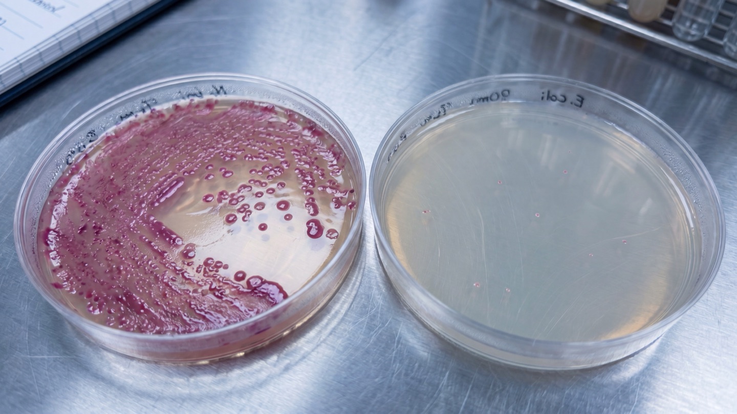 Сравнение чашек Петри: слева обильный рост E.coli, справа почти чистая после обработки ЭКОР-К — связывание патогенных палочек на 94%